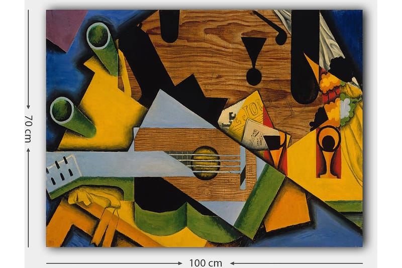 Lærred 70x100 cm - Kubistisk komposition med en guitar og forskellige geometriske former - Grøn / Gul / Blå - Boligtilbehør - Billeder & kunst - Billeder på lærred