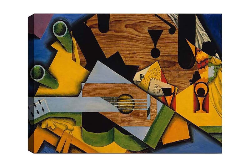 Lærred 70x100 cm - Kubistisk komposition med en guitar og forskellige geometriske former, Grøn / Gul / Blå