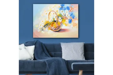 Lærred 70x100 cm - Kurv fyldt med farverige blomster - Blå / Hvid / Gul - Boligtilbehør - Billeder & kunst - Billeder på lærred