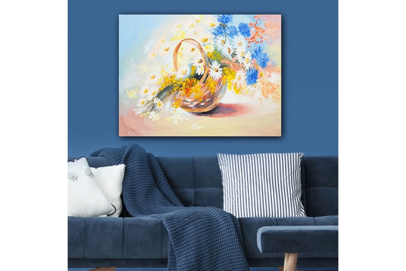 Lærred 70x100 cm - Kurv fyldt med farverige blomster - Blå / Hvid / Gul - Boligtilbehør - Billeder & kunst - Billeder på lærred