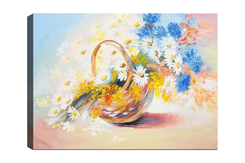 Lærred 70x100 cm - Kurv fyldt med farverige blomster, Blå / Hvid / Gul