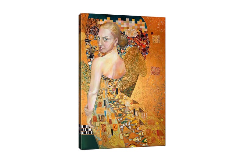 Lærred 70x100 cm - Kvinde i elegant kjole med indviklede mønstre, der drejer sig med et udtryksfuldt blik, Guld / Orange / Beige