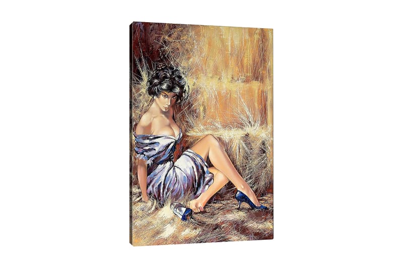 Lærred 70x100 cm - Kvinde i elegant kjole sidder afslappet med et selvsikkert udseende, Hvid / Brun / Blå