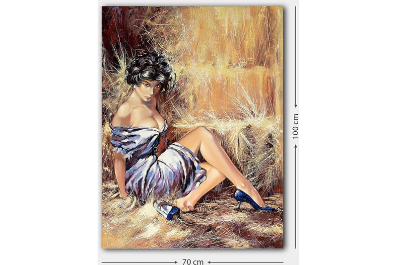 Lærred 70x100 cm - Kvinde i elegant kjole sidder afslappet med et selvsikkert udseende - Hvid / Brun / Blå - Boligtilbehør - Billeder & kunst - Billeder på lærred