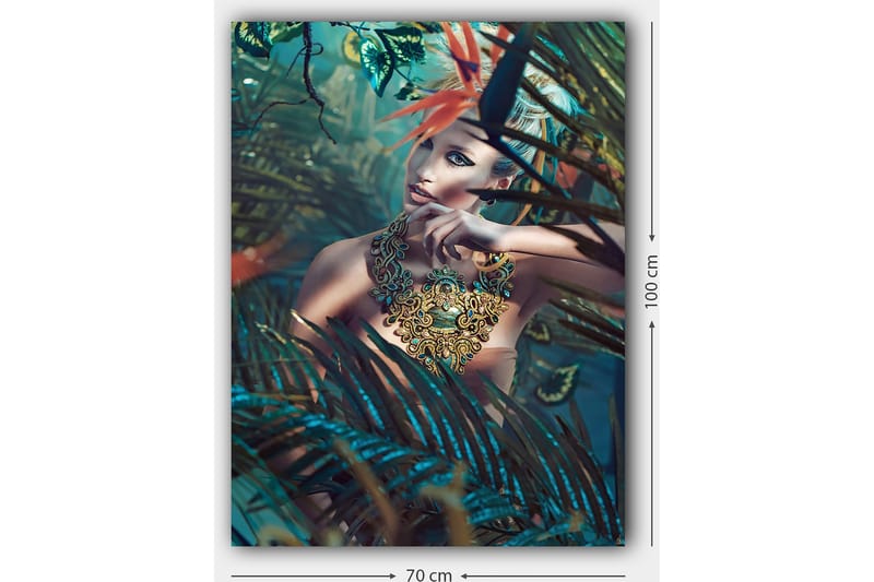 Lærred 70x100 cm - Kvinde i et tæt, frodigt miljø med en indviklet smykkedetalje, der fanger øjet - Mørkegrøn / Turkis / Beige - Boligtilbehør - Billeder & kunst - Billeder på lærred