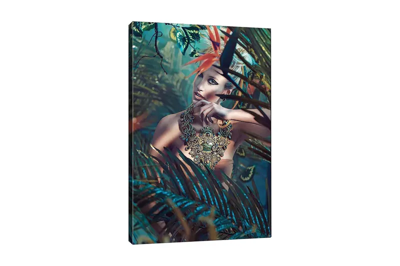 Lærred 70x100 cm - Kvinde i et tæt, frodigt miljø med en indviklet smykkedetalje, der fanger øjet, Mørkegrøn / Turkis / Beige