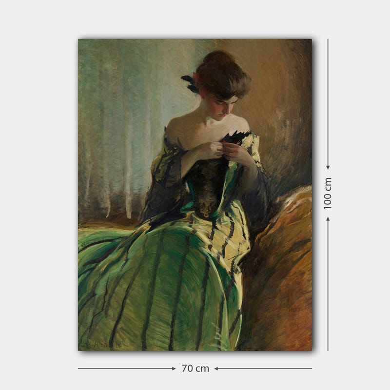 Lærred 70x100 cm - Kvinde i grøn kjole sidder og arbejder med noget i hænderne, dybt fordybet i tanker - Grøn / Sort / Beige - Boligtilbehør - Billeder & kunst - Billeder på lærred