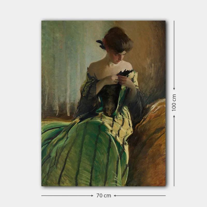 Lærred 70x100 cm - Kvinde i grøn kjole sidder og arbejder med noget i hænderne, dybt fordybet i tanker - Grøn / Sort / Beige - Boligtilbehør - Billeder & kunst - Billeder på lærred