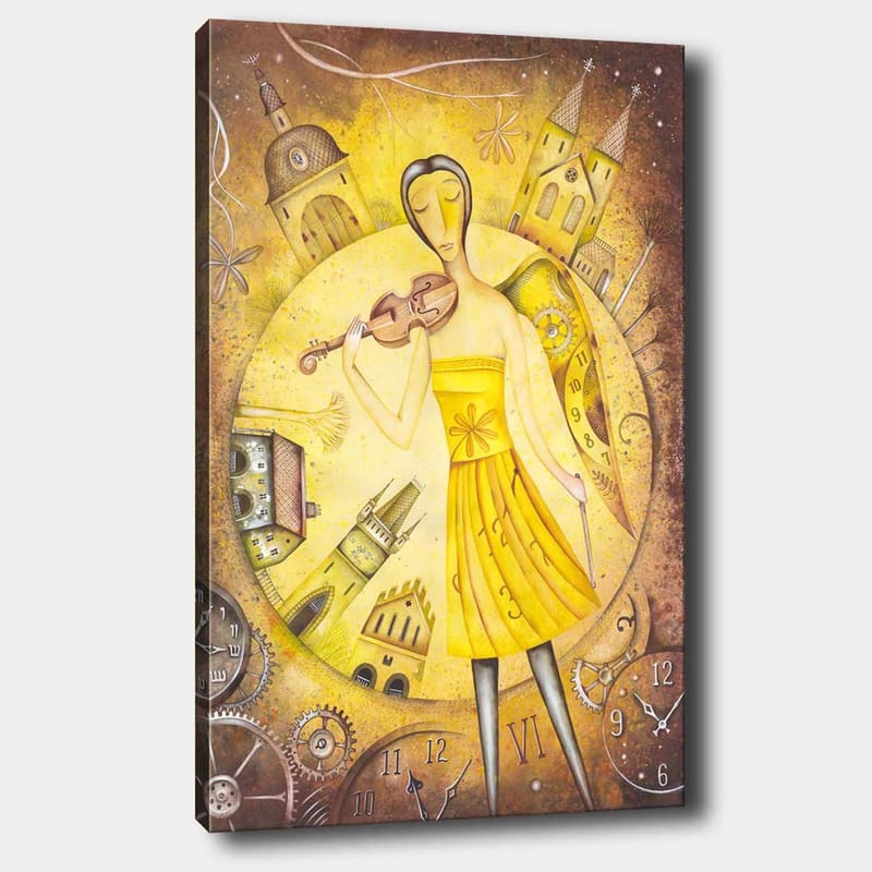 Lærred 70x100 cm - Kvinde i gul kjole, der spiller violin, omgivet af klokker og bygninger, Gul / Brun