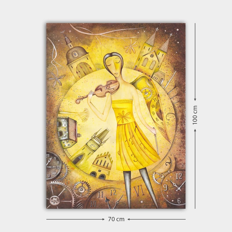Lærred 70x100 cm - Kvinde i gul kjole, der spiller violin, omgivet af klokker og bygninger - Gul / Brun - Boligtilbehør - Billeder & kunst - Billeder på lærred