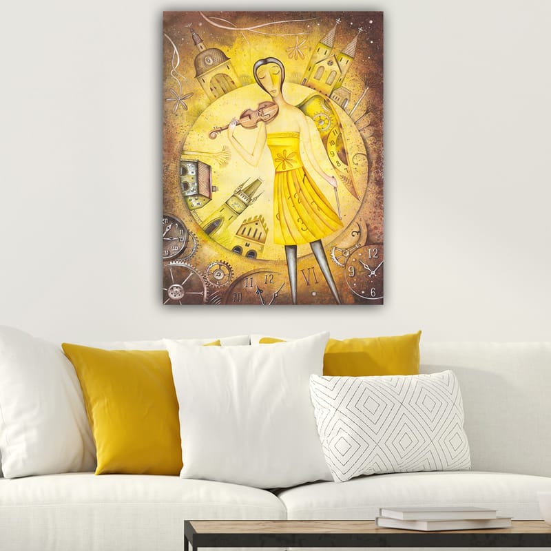 Lærred 70x100 cm - Kvinde i gul kjole, der spiller violin, omgivet af klokker og bygninger - Gul / Brun - Boligtilbehør - Billeder & kunst - Billeder på lærred