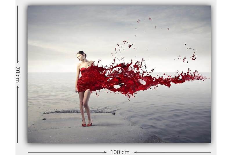 Lærred 70x100 cm - Kvinde i rød kjole, der ser ud til at frigive en malingssprøjtende bevægelse - Rød / Beige - Boligtilbehør - Billeder & kunst - Billeder på lærred
