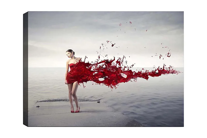 Lærred 70x100 cm - Kvinde i rød kjole, der ser ud til at frigive en malingssprøjtende bevægelse, Rød / Beige