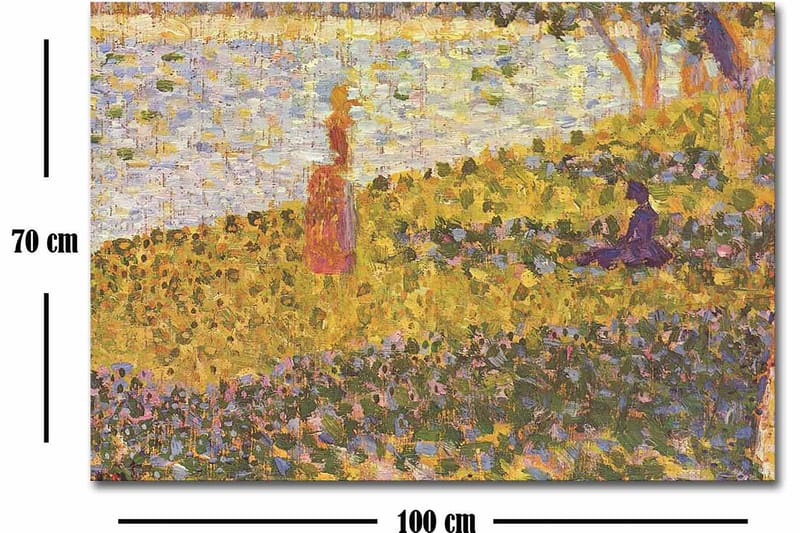 Lærred 70x100 cm - Kvinde i rød kjole stående på en blomstrende eng ved en sø - Gul / Lilla / Grøn - Boligtilbehør - Billeder & kunst - Billeder på lærred