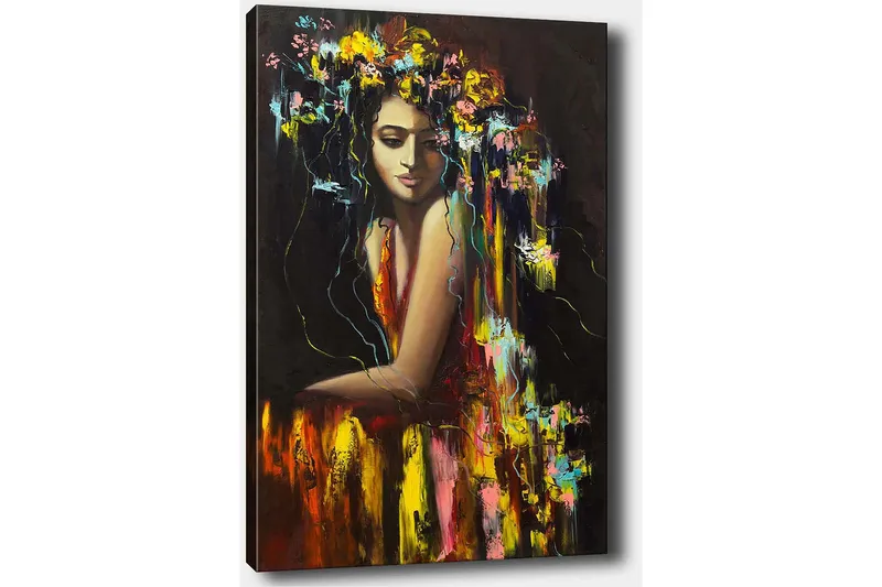 Lærred 70x100 cm - Kvinde med blomster i håret, der udstråler en følelse af mystik og skønhed - Mørkerød / Gul / Grøn - Boligtilbehør - Billeder & kunst - Billeder på lærred