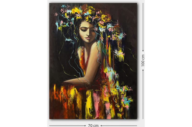 Lærred 70x100 cm - Kvinde med blomster i håret, der udstråler en følelse af mystik og skønhed - Mørkerød / Gul / Grøn - Boligtilbehør - Billeder & kunst - Billeder på lærred