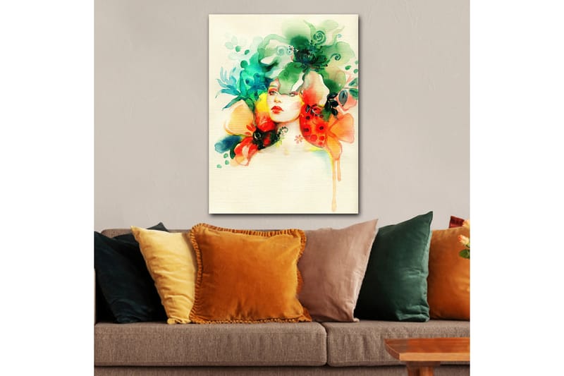 Lærred 70x100 cm - Kvinde med blomster og planter omkring hovedet - Grøn / Orange / Rød - Boligtilbehør - Billeder & kunst - Billeder på lærred