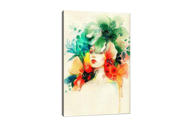 Lærred 70x100 cm - Kvinde med blomster og planter omkring hovedet, Grøn / Orange / Rød