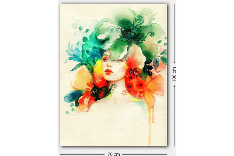 Lærred 70x100 cm - Kvinde med blomster og planter omkring hovedet - Grøn / Orange / Rød - Boligtilbehør - Billeder & kunst - Billeder på lærred