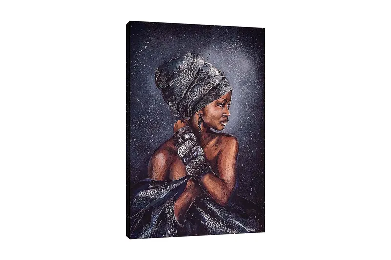 Lærred 70x100 cm - Kvinde med elegant hovedbeklædning og smykker, afbildet i profil, Mørkebrun / Sort / Grå