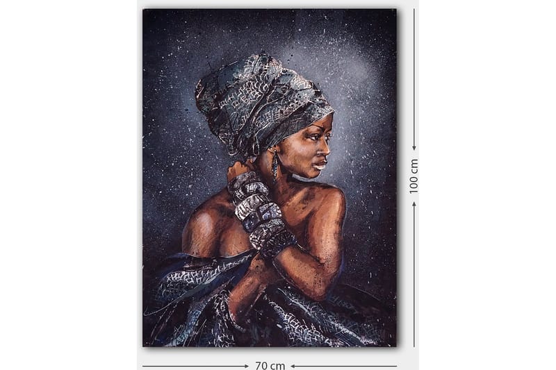 Lærred 70x100 cm - Kvinde med elegant hovedbeklædning og smykker, afbildet i profil - Mørkebrun / Sort / Grå - Boligtilbehør - Billeder & kunst - Billeder på lærred