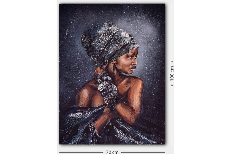 Lærred 70x100 cm - Kvinde med elegant hovedbeklædning og smykker, afbildet i profil - Mørkebrun / Sort / Grå - Boligtilbehør - Billeder & kunst - Billeder på lærred