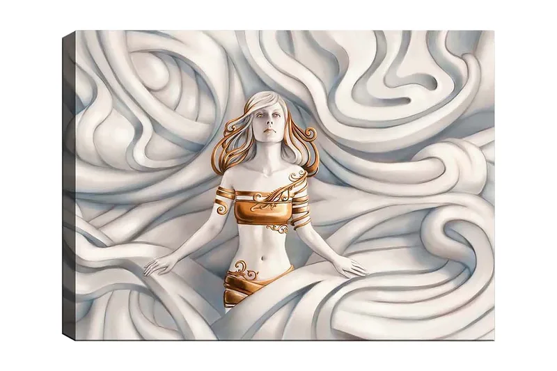 Lærred 70x100 cm - Kvinde med et drømmende udtryk omgivet af svajende, bløde former, Hvid / Guld / Beige
