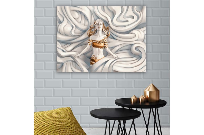 Lærred 70x100 cm - Kvinde med et drømmende udtryk omgivet af svajende, bløde former - Hvid / Guld / Beige - Boligtilbehør - Billeder & kunst - Billeder på lærred