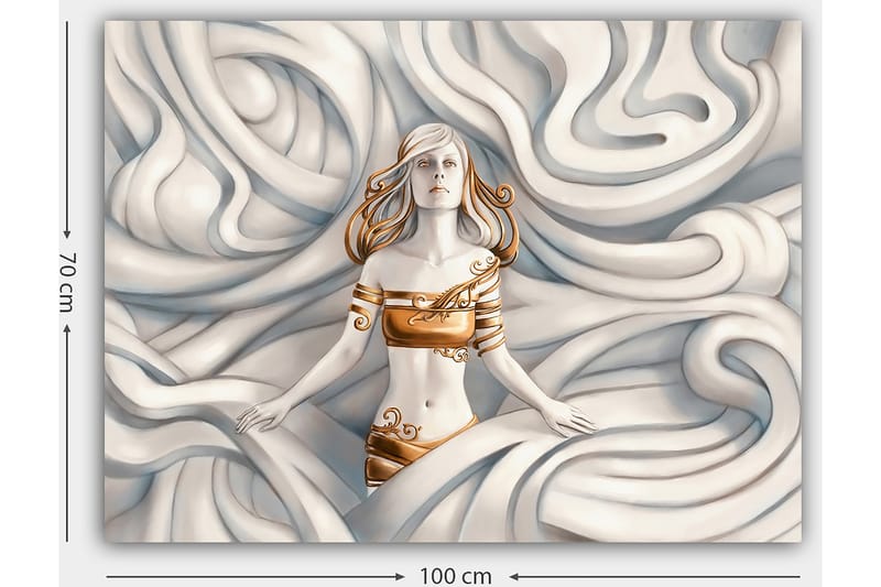 Lærred 70x100 cm - Kvinde med et drømmende udtryk omgivet af svajende, bløde former - Hvid / Guld / Beige - Boligtilbehør - Billeder & kunst - Billeder på lærred