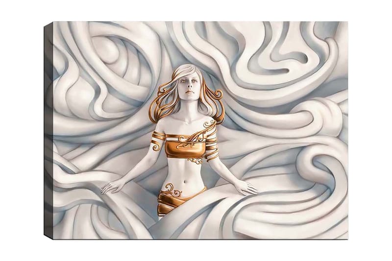 Lærred 70x100 cm - Kvinde med et drømmende udtryk omgivet af svajende, bløde former, Hvid / Guld / Beige