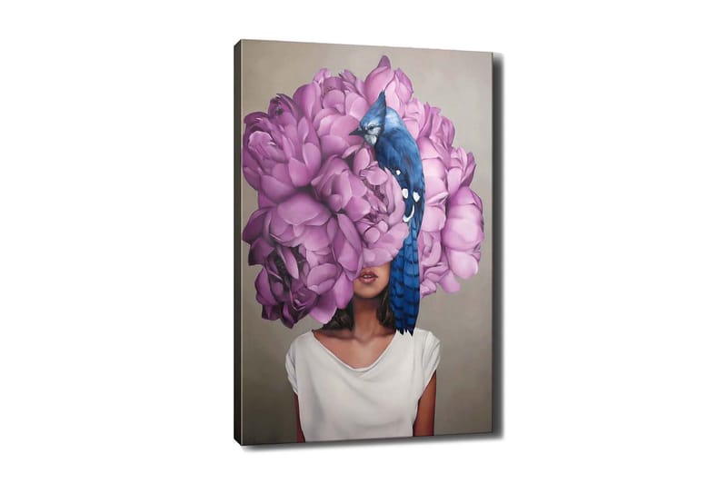 Lærred 70x100 cm - Kvinde med et hoved af store, lilla blomster og en blå fugl siddende på blomsterne, Lilla / Blå