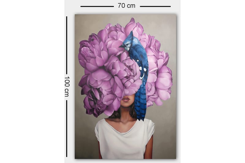 Lærred 70x100 cm - Kvinde med et hoved af store, lilla blomster og en blå fugl siddende på blomsterne - Lilla / Blå - Boligtilbehør - Billeder & kunst - Billeder på lærred