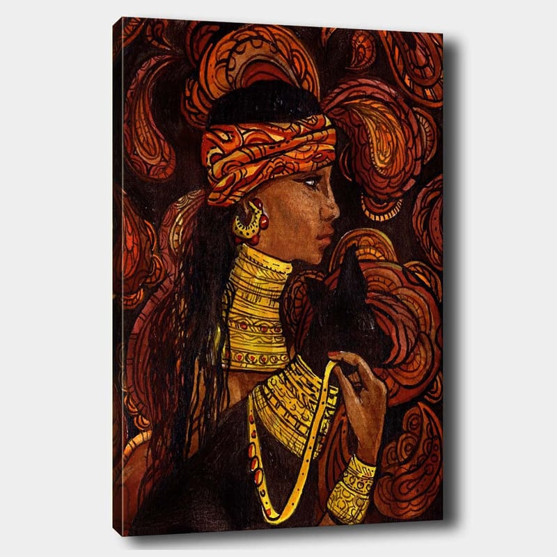 Lærred 70x100 cm - Kvinde med et sort dyr, omgivet af svingende mønstre i varme farver, Rød / Orange / Sort