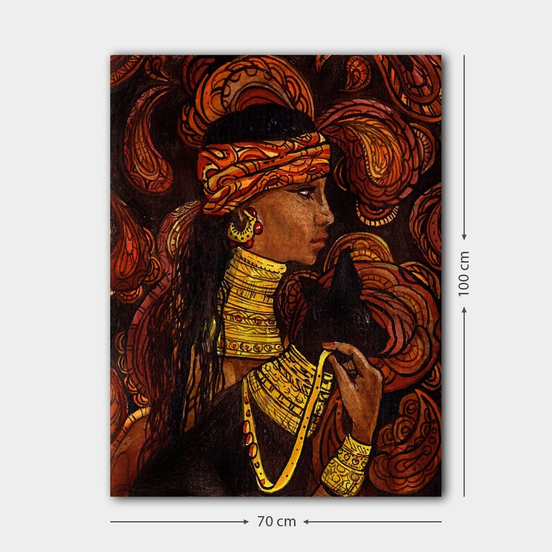 Lærred 70x100 cm - Kvinde med et sort dyr, omgivet af svingende mønstre i varme farver - Rød / Orange / Sort - Boligtilbehør - Billeder & kunst - Billeder på lærred