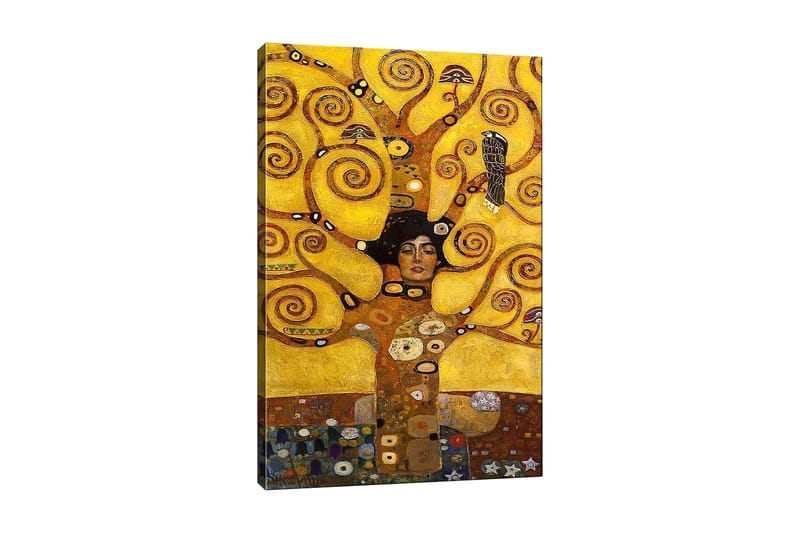 Lærred 70x100 cm - Kvinde med lukkede øjne omgivet af spinnende, gyldne grene og symbolske elementer, Guld / Brun / Sort