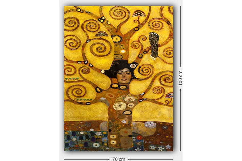 Lærred 70x100 cm - Kvinde med lukkede øjne omgivet af spinnende, gyldne grene og symbolske elementer - Guld / Brun / Sort - Boligtilbehør - Billeder & kunst - Billeder på lærred