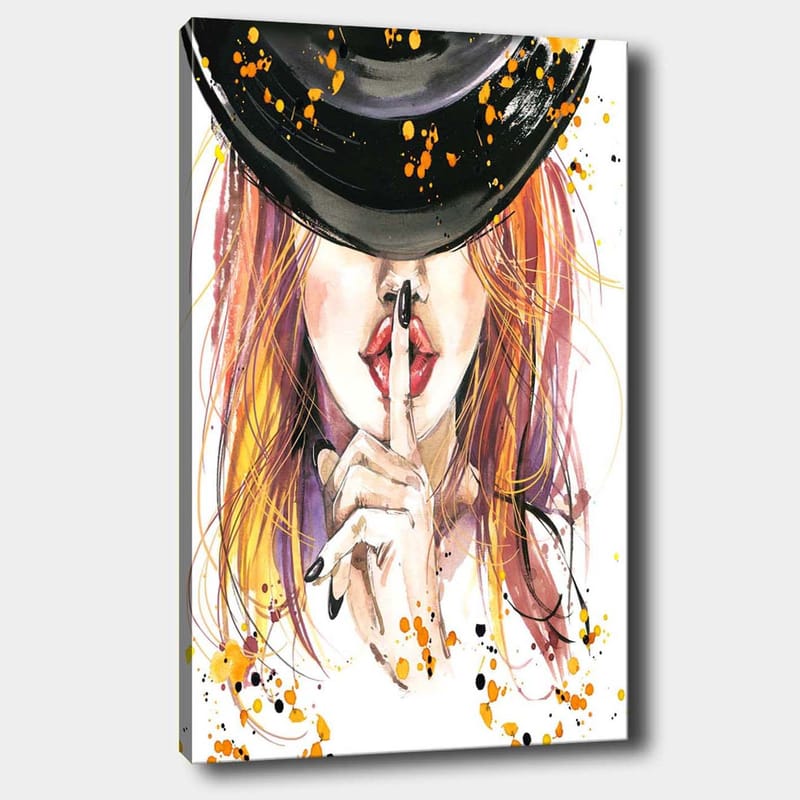 Lærred 70x100 cm - Kvinde med rødligt hår holder en finger til læberne i en tavs gestus, Rød / Sort / Orange