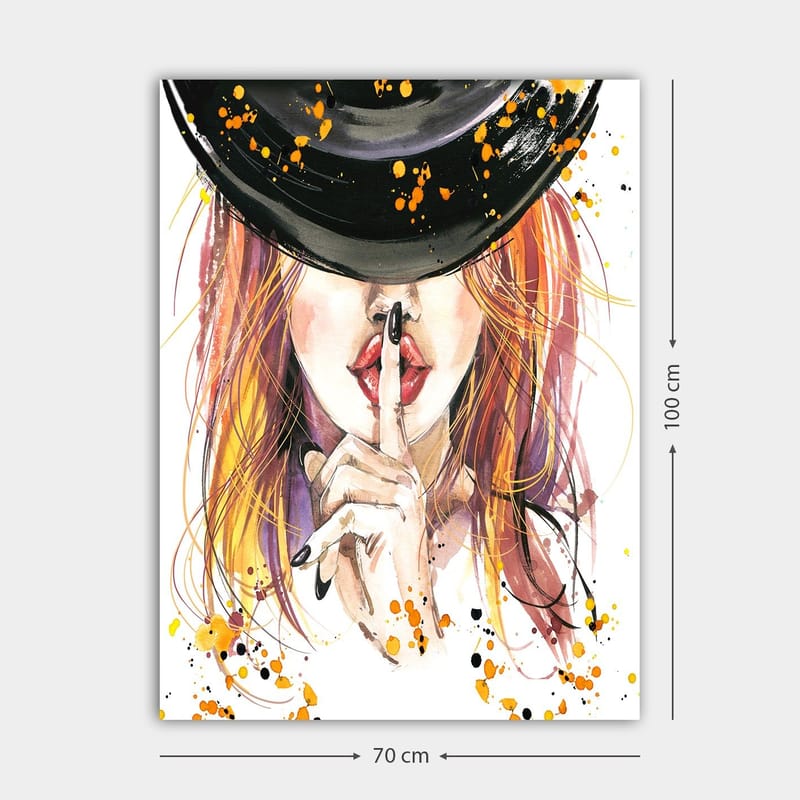 Lærred 70x100 cm - Kvinde med rødligt hår holder en finger til læberne i en tavs gestus - Rød / Sort / Orange - Boligtilbehør - Billeder & kunst - Billeder på lærred