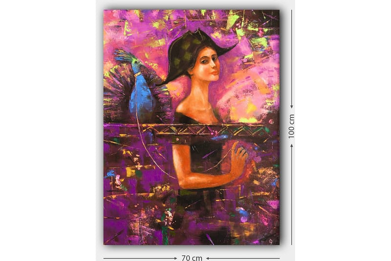 Lærred 70x100 cm - Kvinde med stor hat og vinger, der udtrykker en følelse af mystik og styrke - Lilla / Blå / Orange - Boligtilbehør - Billeder & kunst - Billeder på lærred