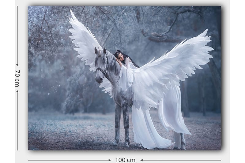 Lærred 70x100 cm - Kvinde med vinger der omfavner en grå hest med store hvide vinger - Hvid / Grå / Lyseblå - Boligtilbehør - Billeder & kunst - Billeder på lærred
