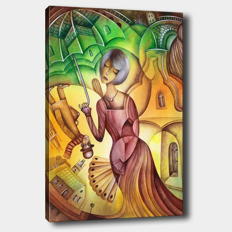 Lærred 70x100 cm - Kvinde med paraply i et farverigt og stiliseret landskabsmiljø, Grøn / Gul / Brun