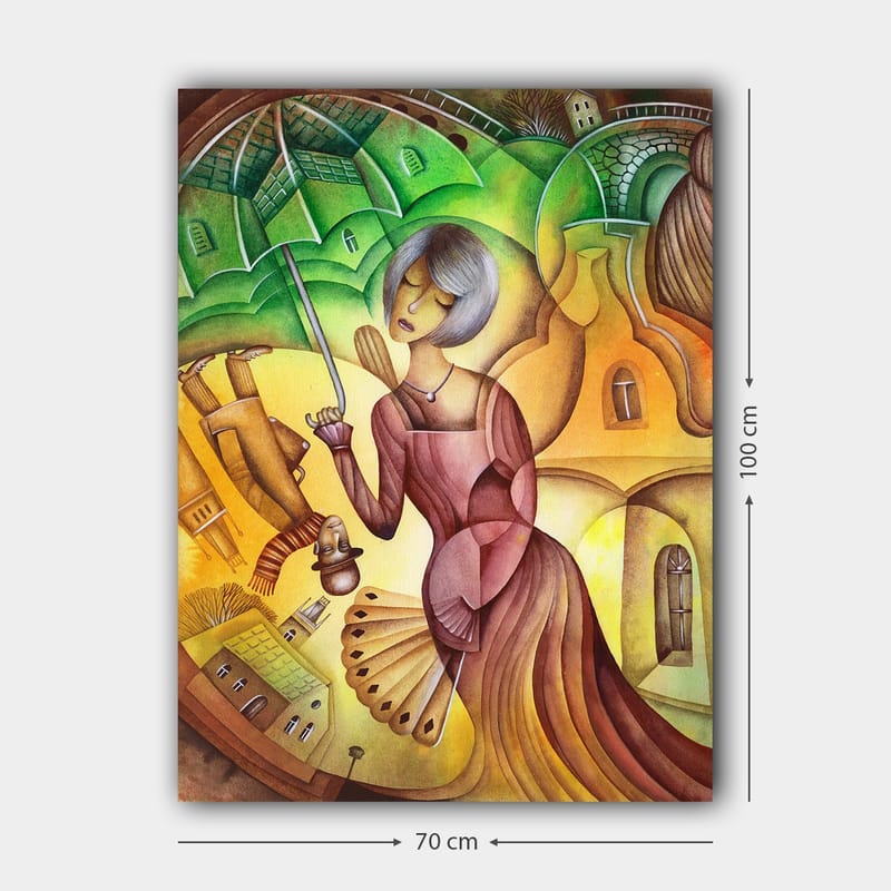 Lærred 70x100 cm - Kvinde med paraply i et farverigt og stiliseret landskabsmiljø - Grøn / Gul / Brun - Boligtilbehør - Billeder & kunst - Billeder på lærred