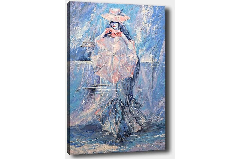 Lærred 70x100 cm - Kvinde med parasol iført en elegant kjole, omgivet af en drømmende, blålig baggrund - Blå / Lyserød / Hvid - Boligtilbehør - Billeder & kunst - Billeder på lærred