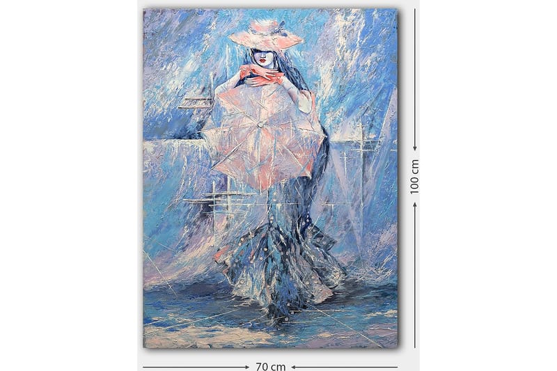 Lærred 70x100 cm - Kvinde med parasol iført en elegant kjole, omgivet af en drømmende, blålig baggrund - Blå / Lyserød / Hvid - Boligtilbehør - Billeder & kunst - Billeder på lærred
