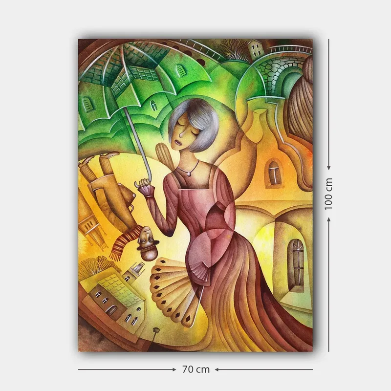 Lærred 70x100 cm - Kvinde med paraply i et farverigt og stiliseret landskabsmiljø - Grøn / Gul / Brun - Boligtilbehør - Billeder & kunst - Billeder på lærred