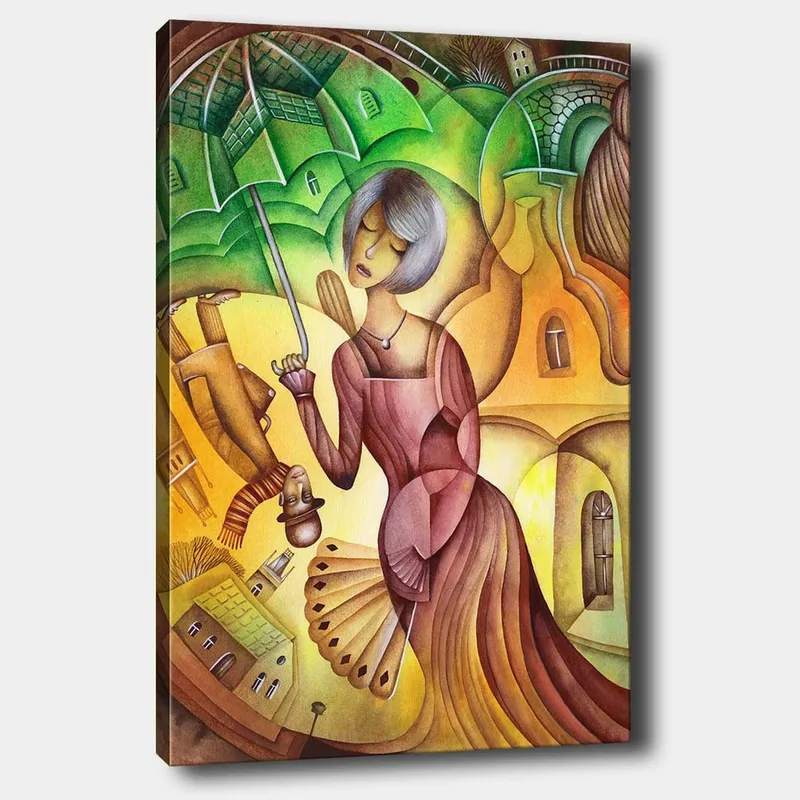 Lærred 70x100 cm - Kvinde med paraply i et farverigt og stiliseret landskabsmiljø, Grøn / Gul / Brun