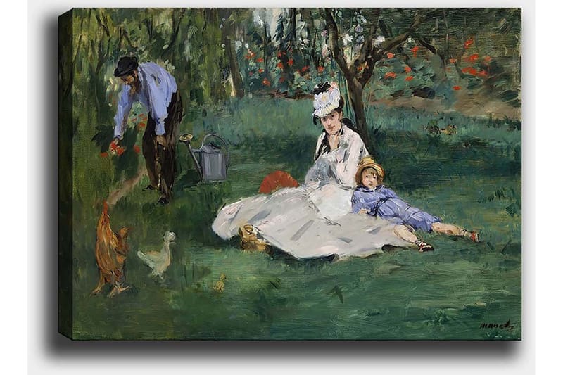 Lærred 70x100 cm - Kvinde og barn sidder på græsset, mens en mand vander blomster i en have - Grøn / Blå / Hvid - Boligtilbehør - Billeder & kunst - Billeder på lærred