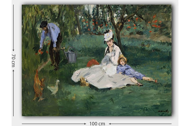 Lærred 70x100 cm - Kvinde og barn sidder på græsset, mens en mand vander blomster i en have - Grøn / Blå / Hvid - Boligtilbehør - Billeder & kunst - Billeder på lærred