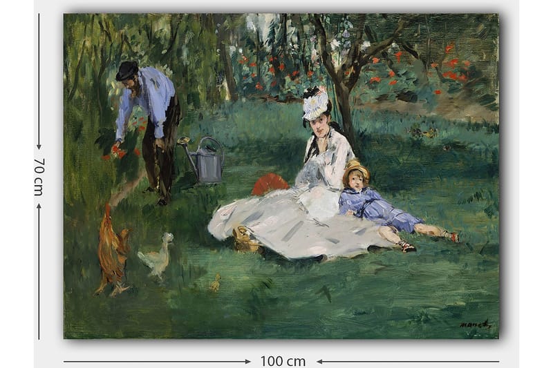 Lærred 70x100 cm - Kvinde og barn sidder på græsset, mens en mand vander blomster i en have - Grøn / Blå / Hvid - Boligtilbehør - Billeder & kunst - Billeder på lærred