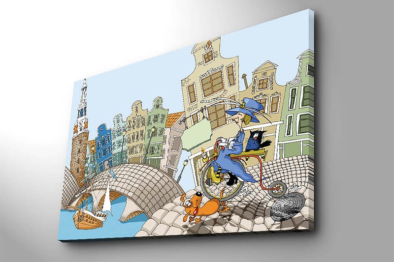 Lærred 70x100 cm - Kvinde på cykel med hund og kat, omgivet af farverige huse og en bro - Blå / Grøn / Orange - Boligtilbehør - Billeder & kunst - Billeder på lærred